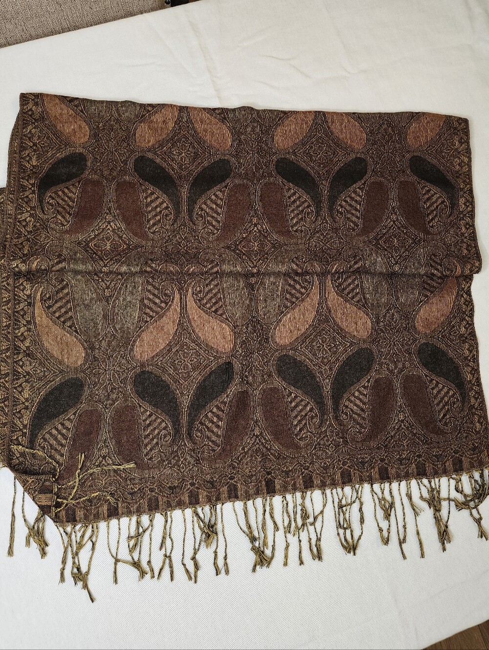 pashmina Brown and Gold Paisley Fringe Scarf
